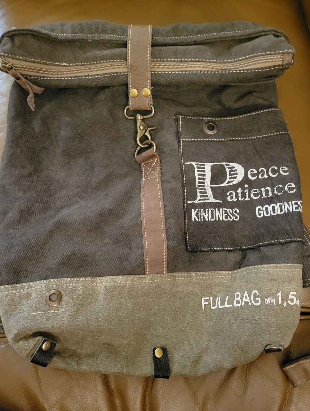 Peace Patience Canvas Roll-Top Men’s Backpack - Brown/Olive
